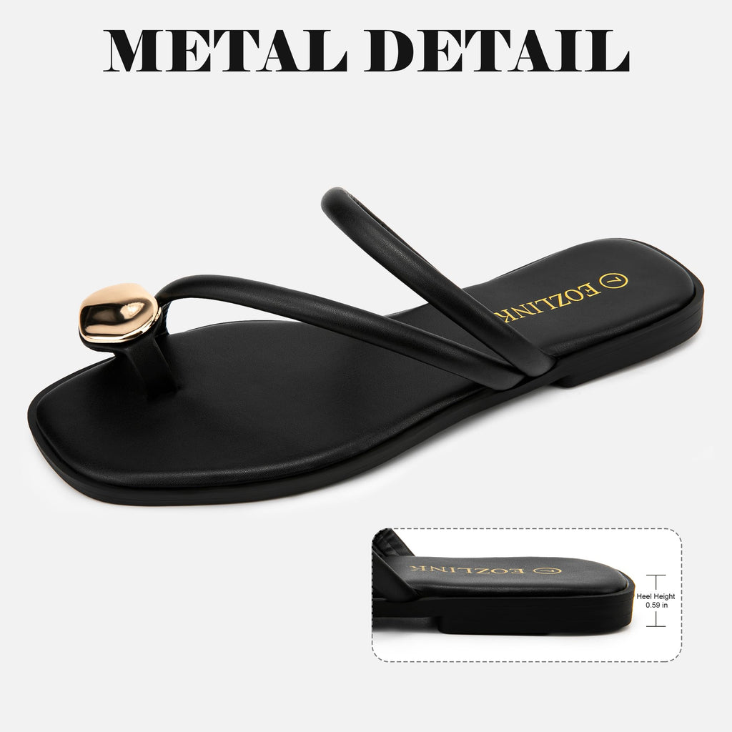 Eozlink Women's Toe Ring Flat Sandals, Slip On Dressy Summer Slides | PU Upper with Square Toe and Metal Accent for Resort and Casual Outfits