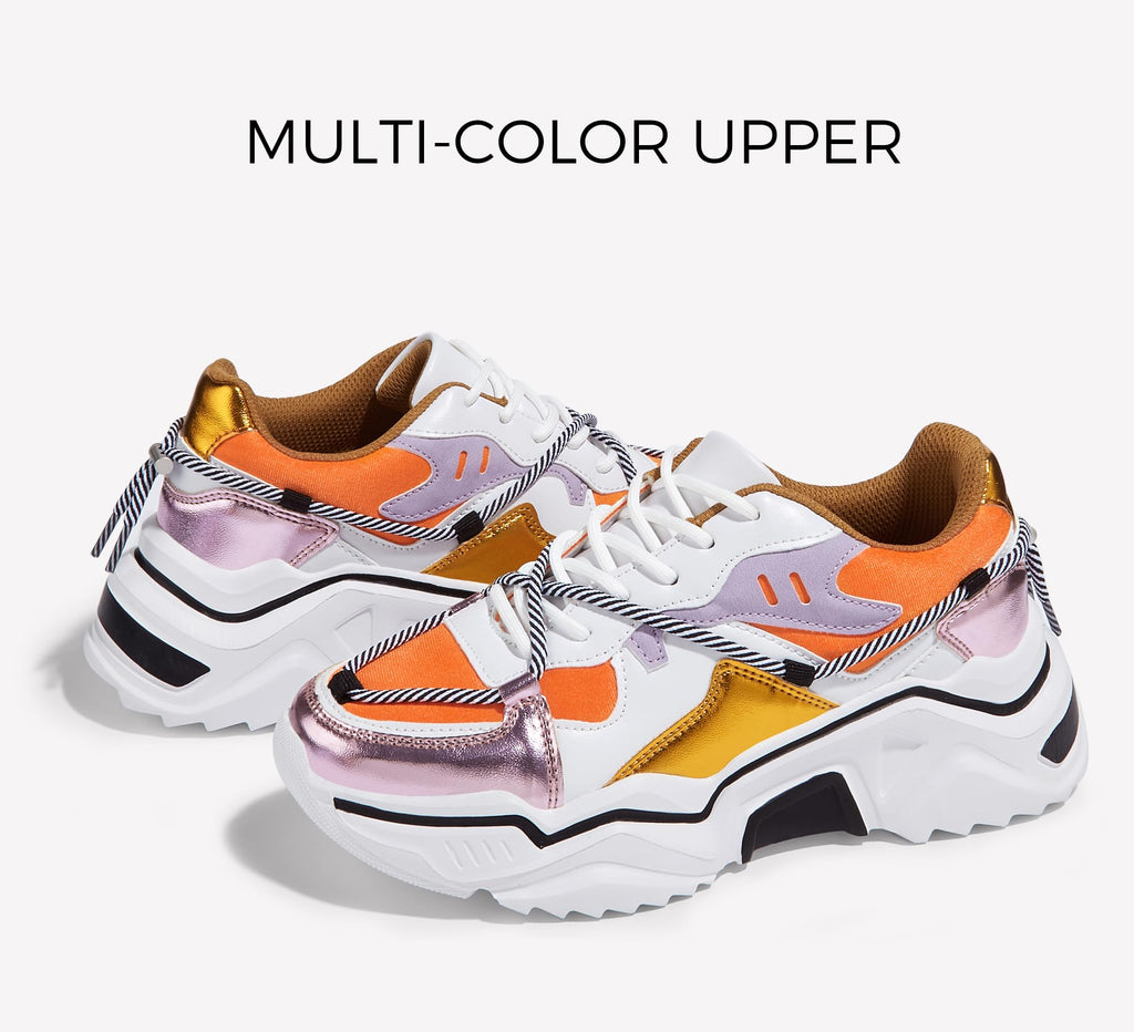 LUCKY STEP Women's Platform Fashion Chunky Dad Sneakers | Colorful | Retro Colorblock | Stylish Cute | Lace-Up Walking Shoes | Anti-Slip