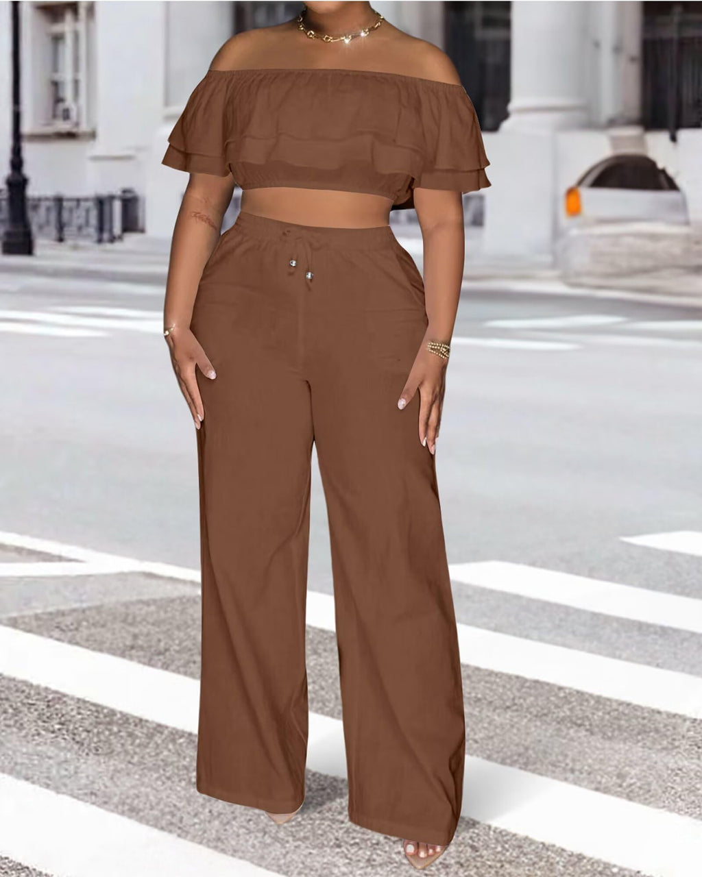 Adogirl 2 Piece Outfits for Women Ruffle Trim Crop Top Wide Leg Pants Set | 2 Piece Sets, Outfit for Women, Off Shoulder, Short Sleeve, Wide Leg Pants with Pockets, Sexy Outfits, Vacation Outfits