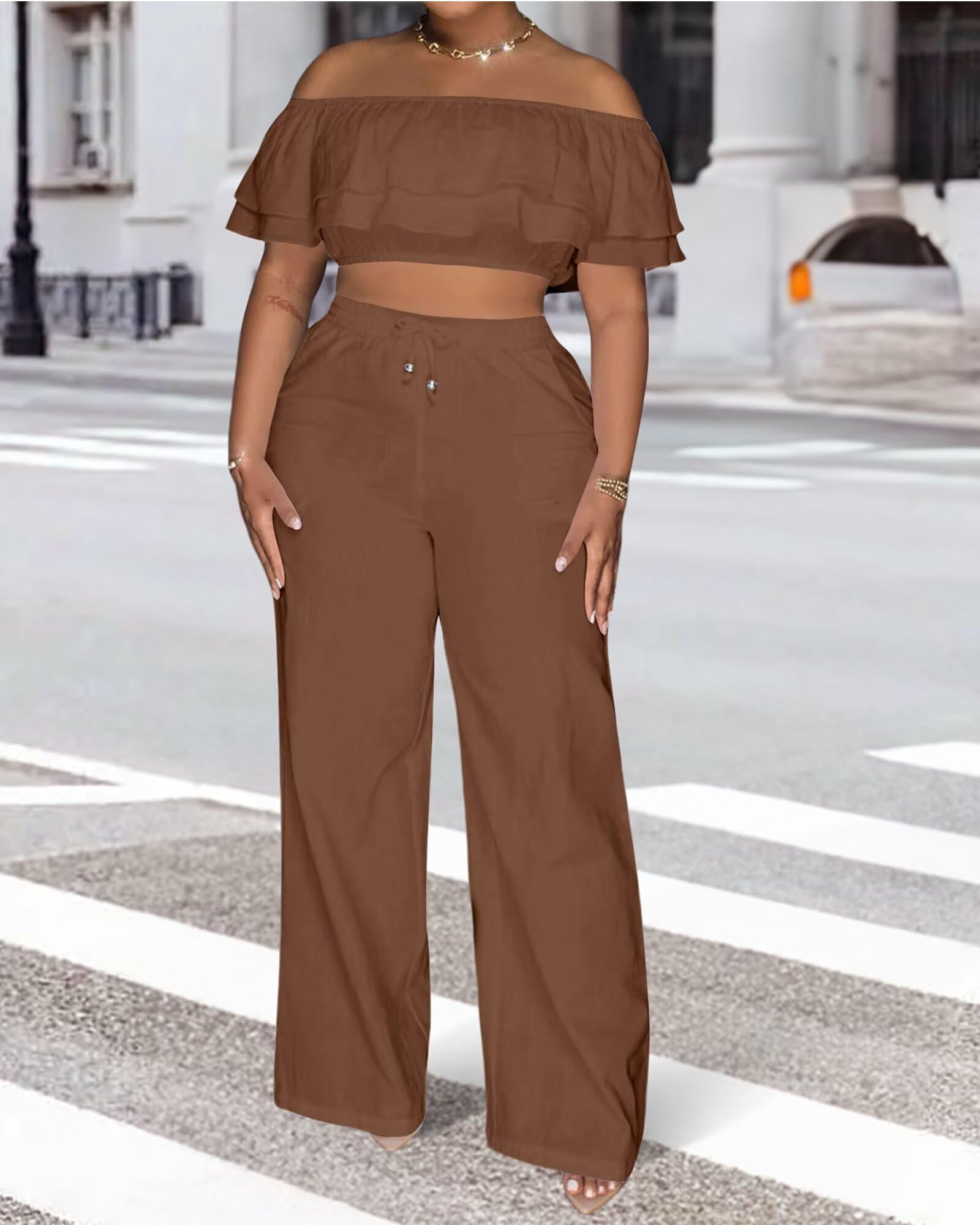 Adogirl 2 Piece Outfits for Women Ruffle Trim Crop Top Wide Leg Pants Set | 2 Piece Sets, Outfit for Women, Off Shoulder, Short Sleeve, Wide Leg Pants with Pockets, Sexy Outfits, Vacation Outfits