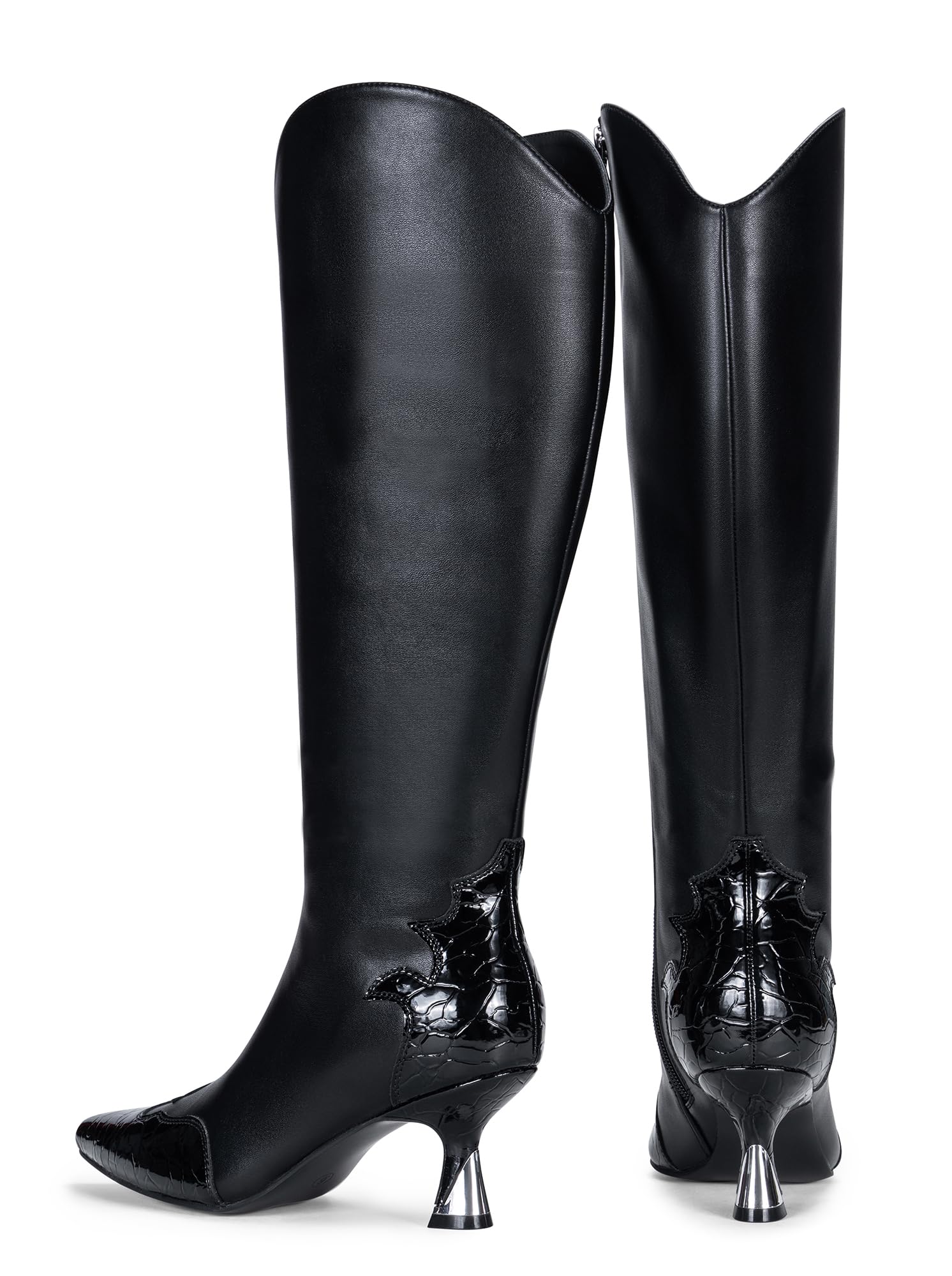 Vepose Women's Knee High Boots, Pointed Toe Kitten Heel Dress Boots | Riding tall boot style, low heel, side zipper, fashion silhouette, patchwork design, suit for jeans, skirts, nights out
