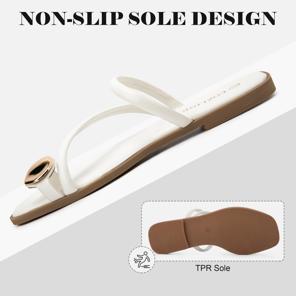 Eozlink Women's Toe Ring Flat Sandals, Slip On Dressy Summer Slides | PU Upper with Square Toe and Metal Accent for Resort and Casual Outfits