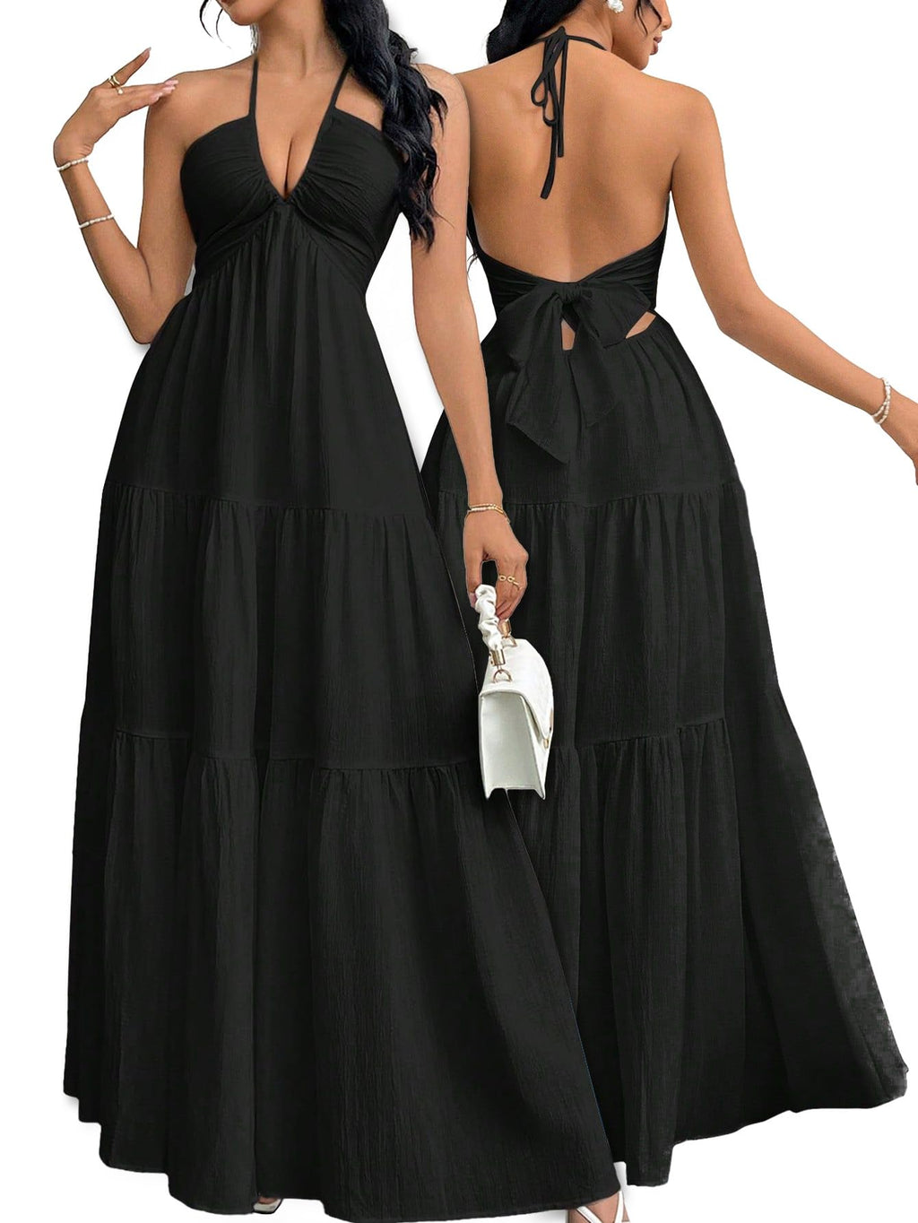 Narecte Women's Maxi Summer Dresses Halter V Neck Beach Dresses for Women A-Line Casual Dress for Vacation