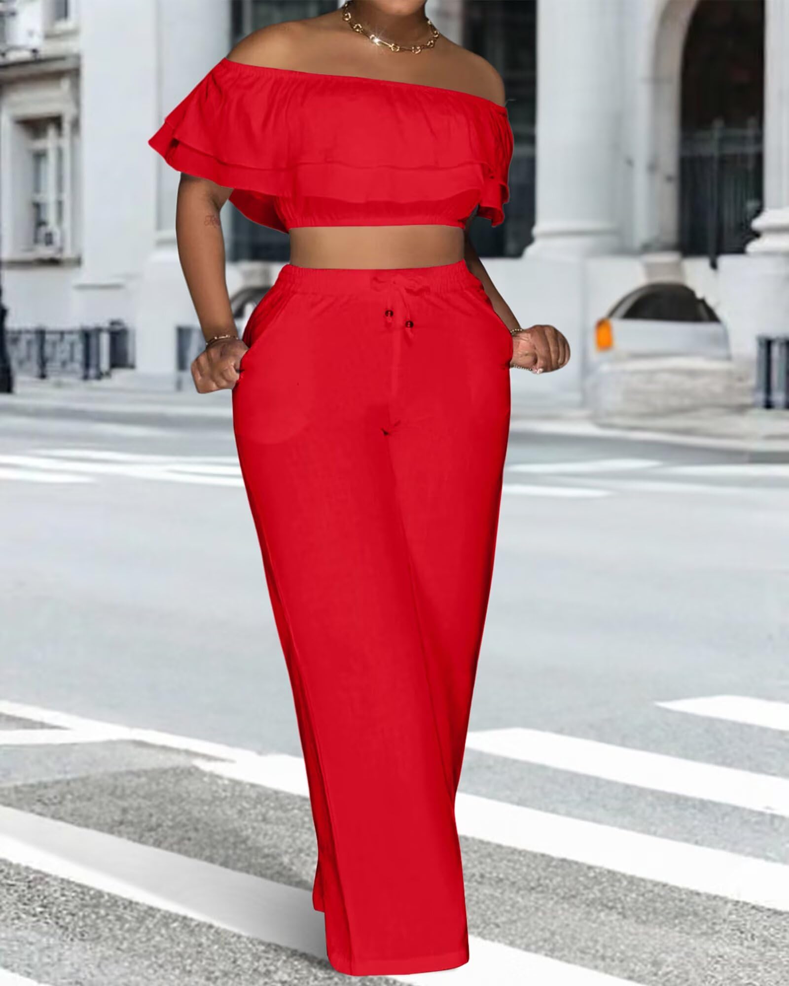 Adogirl 2 Piece Outfits for Women Ruffle Trim Crop Top Wide Leg Pants Set | 2 Piece Sets, Outfit for Women, Off Shoulder, Short Sleeve, Wide Leg Pants with Pockets, Sexy Outfits, Vacation Outfits