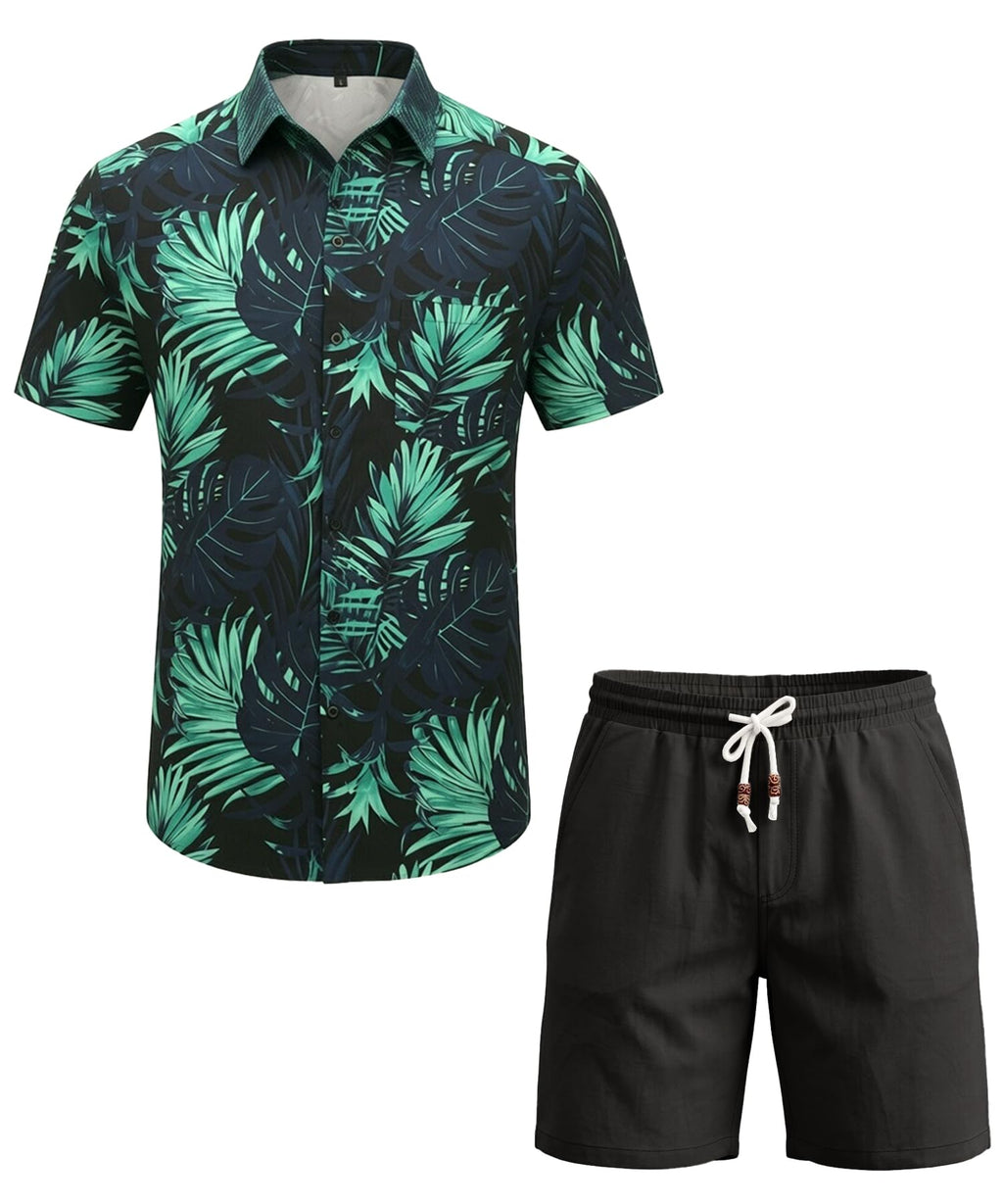 JEMLDL Men's Hawaiian 2 Piece Outfits Floral Button Down Shirts & Linen Shorts Sets Summer Beach Travel Clothes