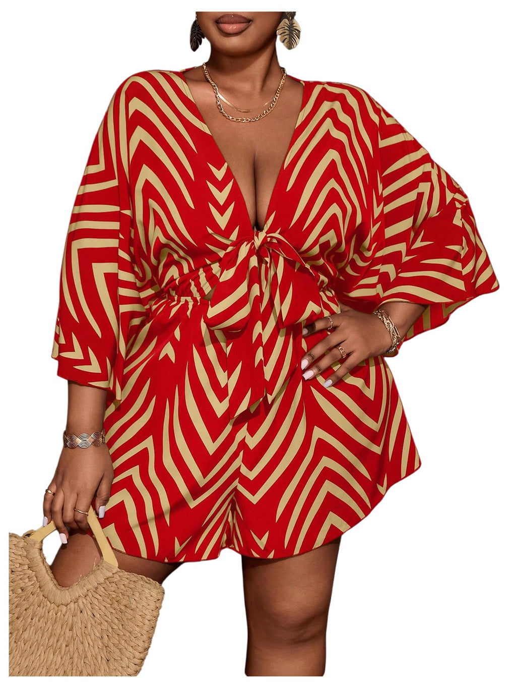 SOLY HUX Women's Plus Size Striped Tie Front Short Jumpsuit | V Neck, 3/4 Sleeve, Loose, Romper