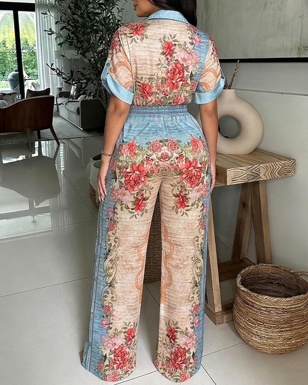 CHICME Womens Jumpsuit Boho Floral Wide Leg Vacation Outfit | Long Pant Rompers with Pockets,Roll Up Short Sleeve,Button Front,Drawstring High Waist,One Piece,Casual,Summer Beach