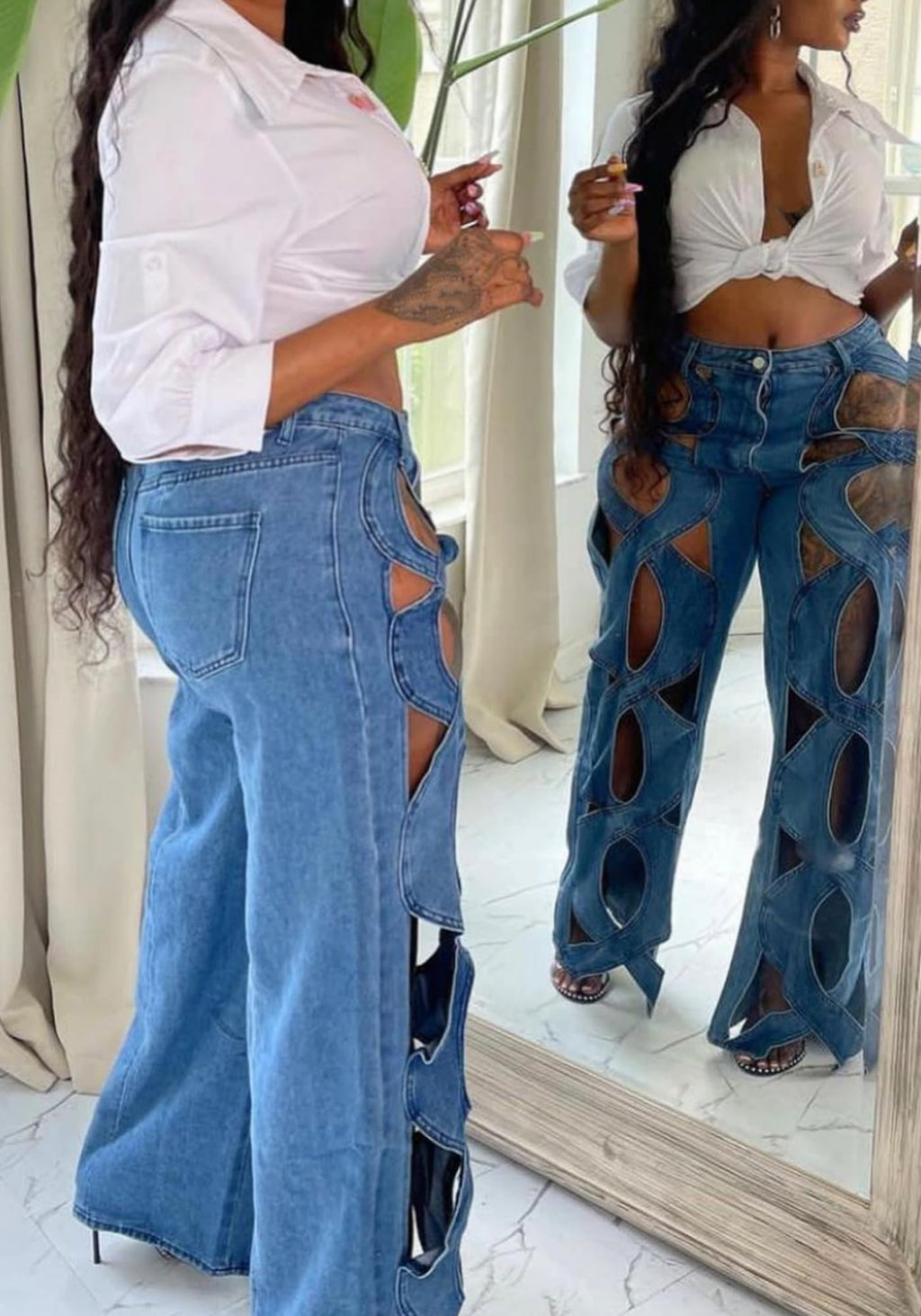 Vaceky Women's Twist Cutout Wide Leg Jeans Lightweight Denim Pant | Modern Patchwork Detail for Brunch, City Outings & Weekend Looks