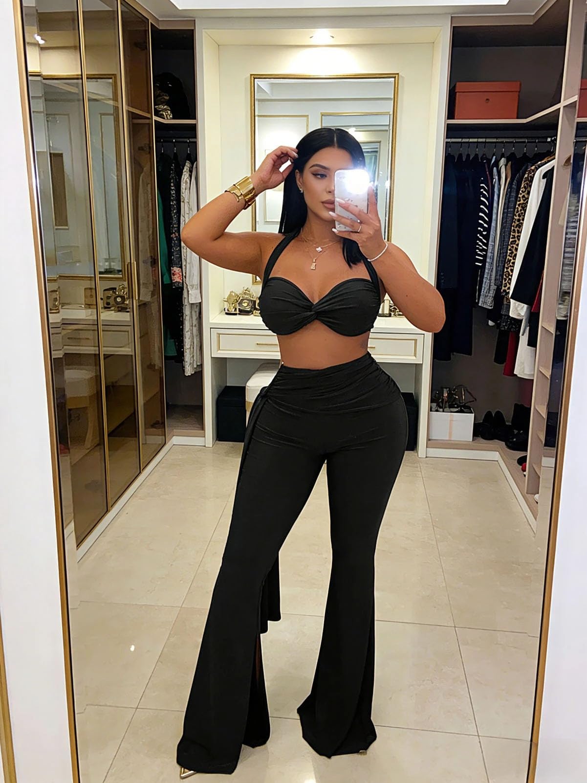 Women's Two Piece Outfits Crop Top and Flare Pants Set Club Going Out | Crop Top, Flare Pants Set, Going Out Sets, Two Piece Sets for Women Going Out, Two Piece Concert Outfits, Sexy Club Outfits