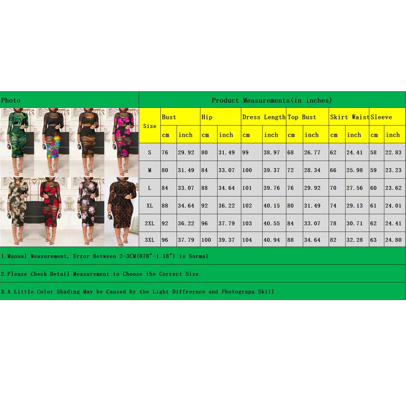Women Sexy See Through Sheer Mesh Bodycon Midi Dress Long Sleeve Skirt 3 Piece Outfits Set Floral Print Cover Up