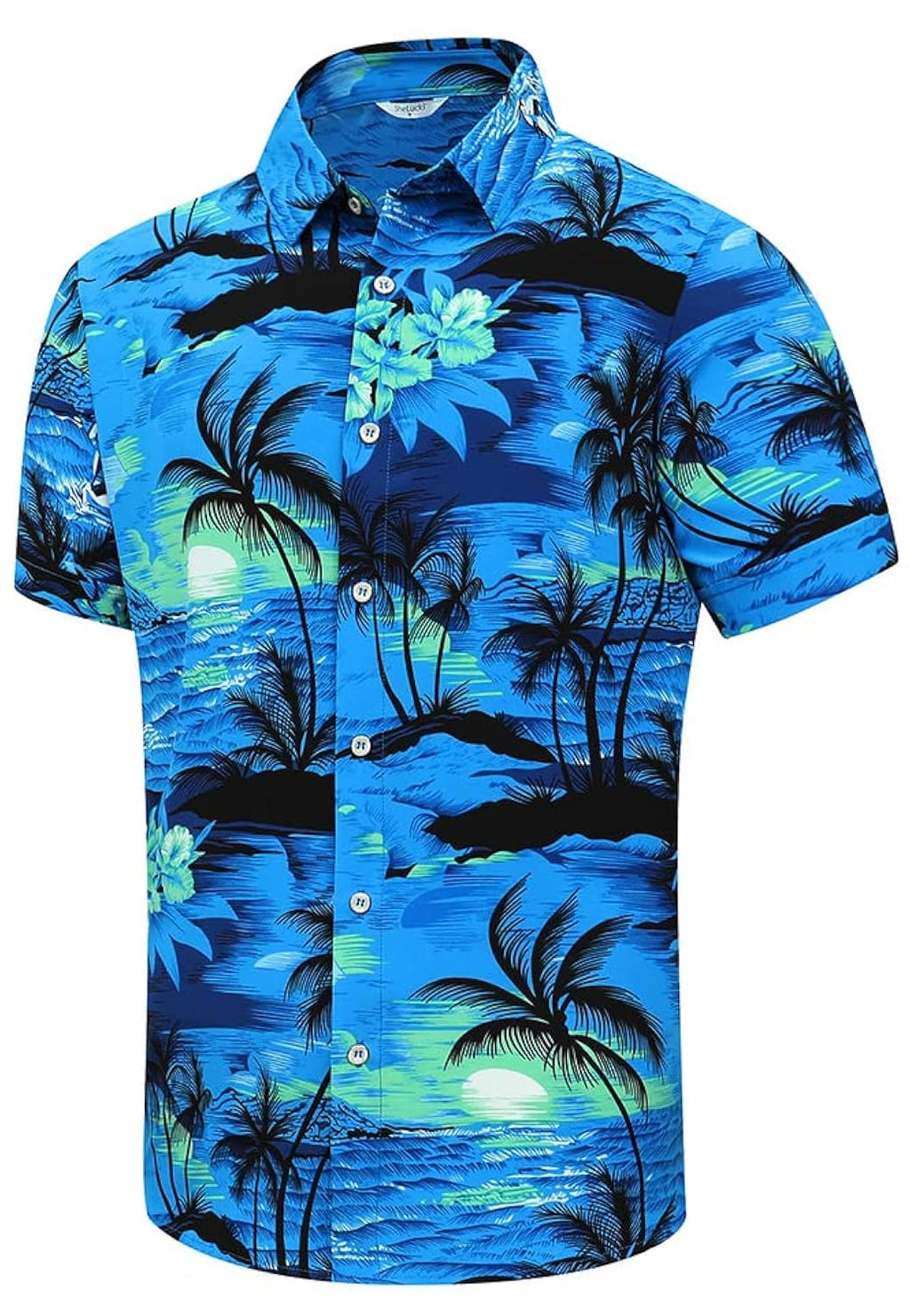 SheLucki Hawaiian Shirt for Men, Unisex Summer Beach Casual Short Sleeve Button Down Shirts, Printed Palmshadow Clothing