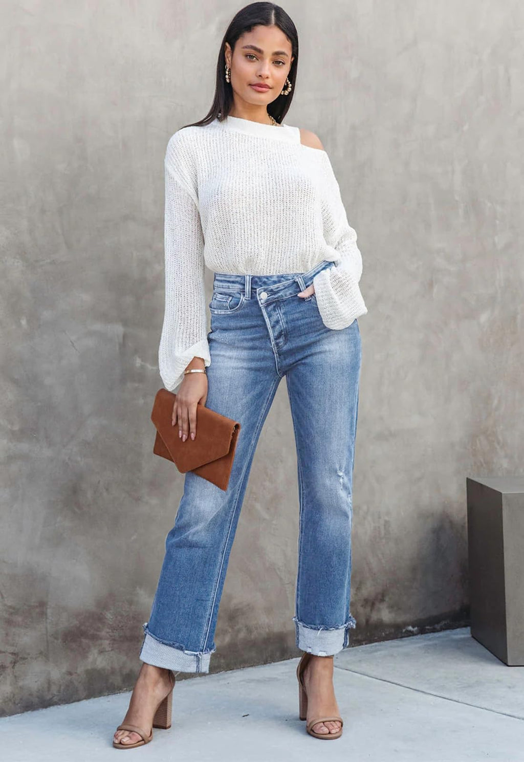Metietila Jeans for Women Trendy High Waisted Corssover Boyfriend Jeans Distressed Stretchy Denim Pants