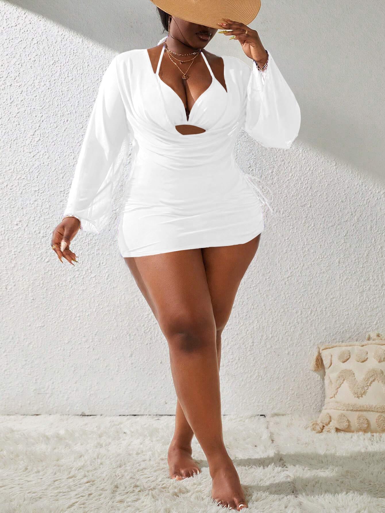 Women's Plus Size Halter String Triangle Bikini Sets 3 Piece Swimsuits with Side Ruched Drawstring Cover Up