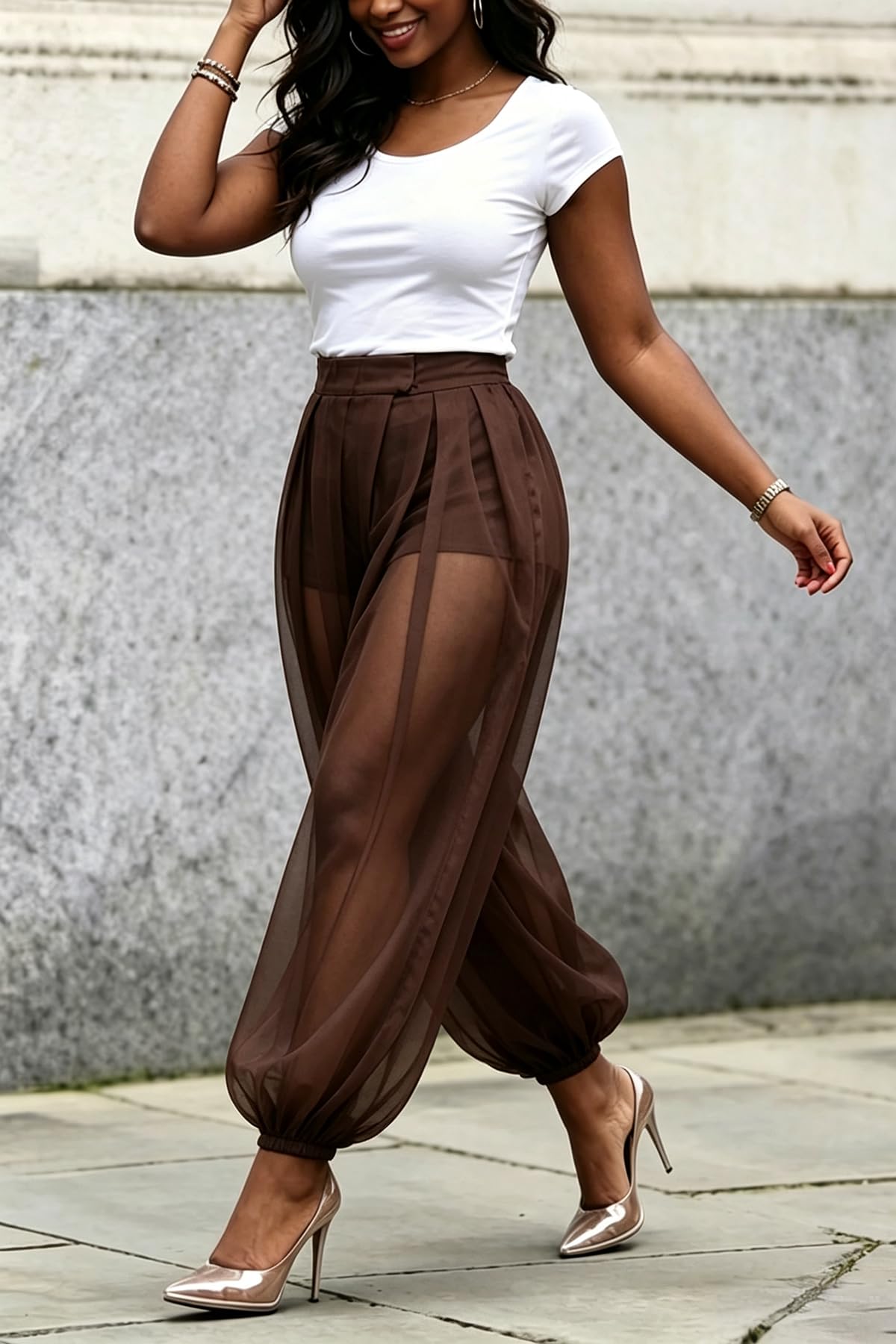 Molisry Women Sheer Mesh Pants Bubble Tulle Patchwork Pants Balloon Trouser | Loose Fit Cover Up Trousers,Built In Shorts Lining