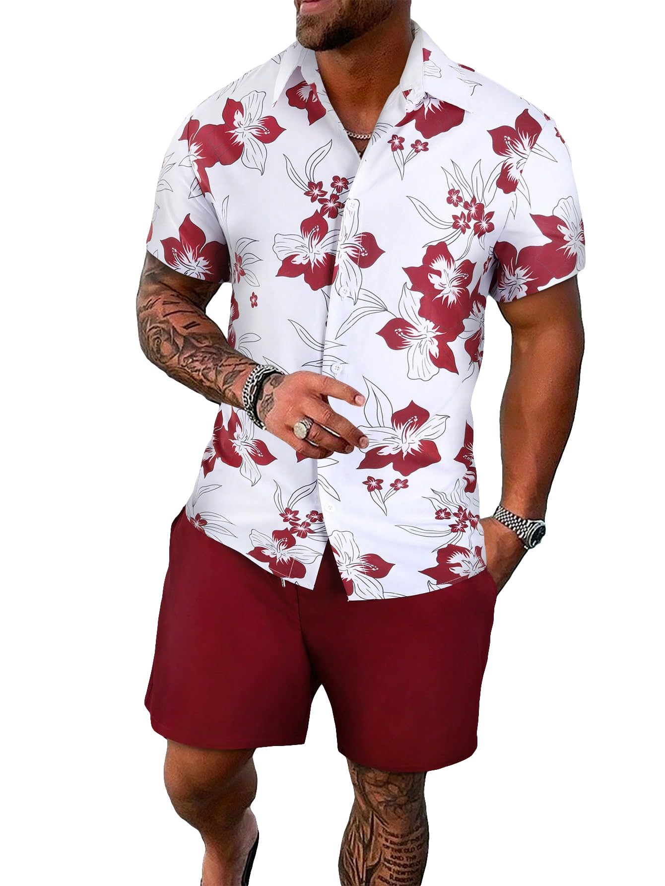 GORGLITTER Men's Cruise Rave Vacation Matching Outfits 2 Piece Short Sets | Mens Summer Beach Outfits, 2 Piece Shorts Set, Couples Travel Outfits, Hawaiian Shirts