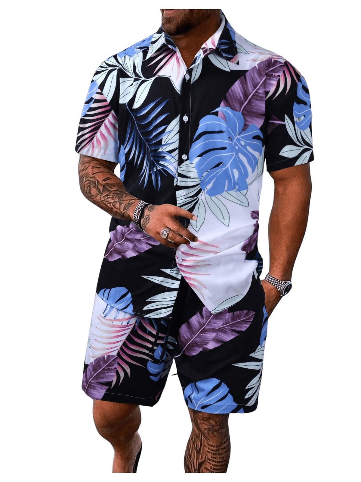 GORGLITTER Men's Cruise Rave Vacation Matching Outfits 2 Piece Short Sets | Mens Summer Beach Outfits, 2 Piece Shorts Set, Couples Travel Outfits, Hawaiian Shirts