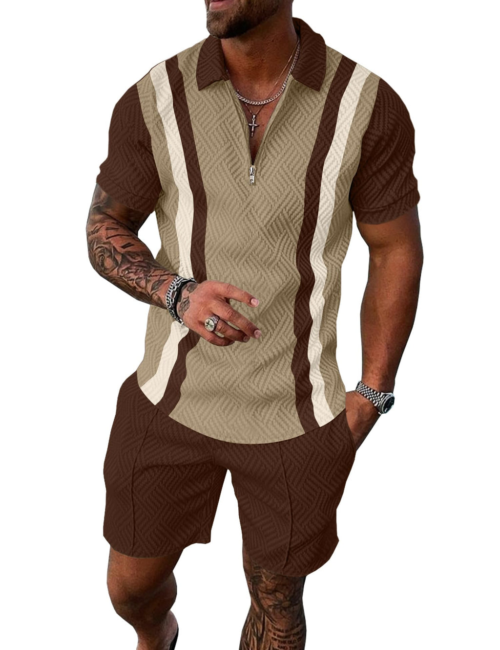 Mens Summer Track Suits 2 Piece Shorts Sets Short Sleeve Sweatsuit Outfits 1/4 Zip Golf Polo Splicing Striped Shirts