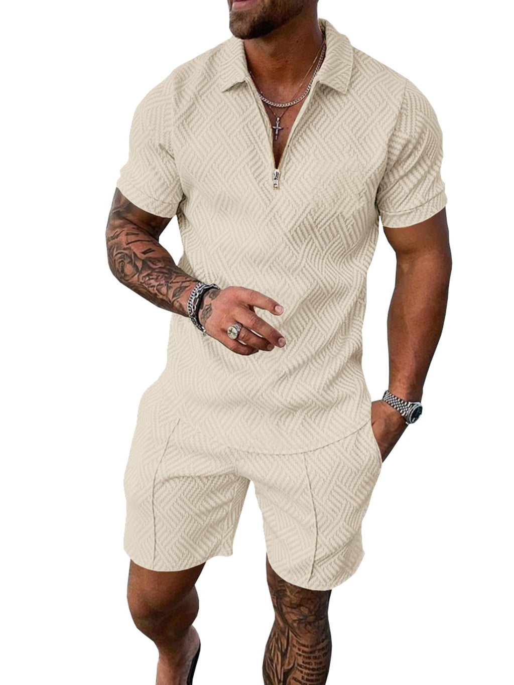 Mens Summer Track Suits 2 Piece Shorts Sets Short Sleeve Sweatsuit Outfits 1/4 Zip Golf Polo Shirts Loungewear