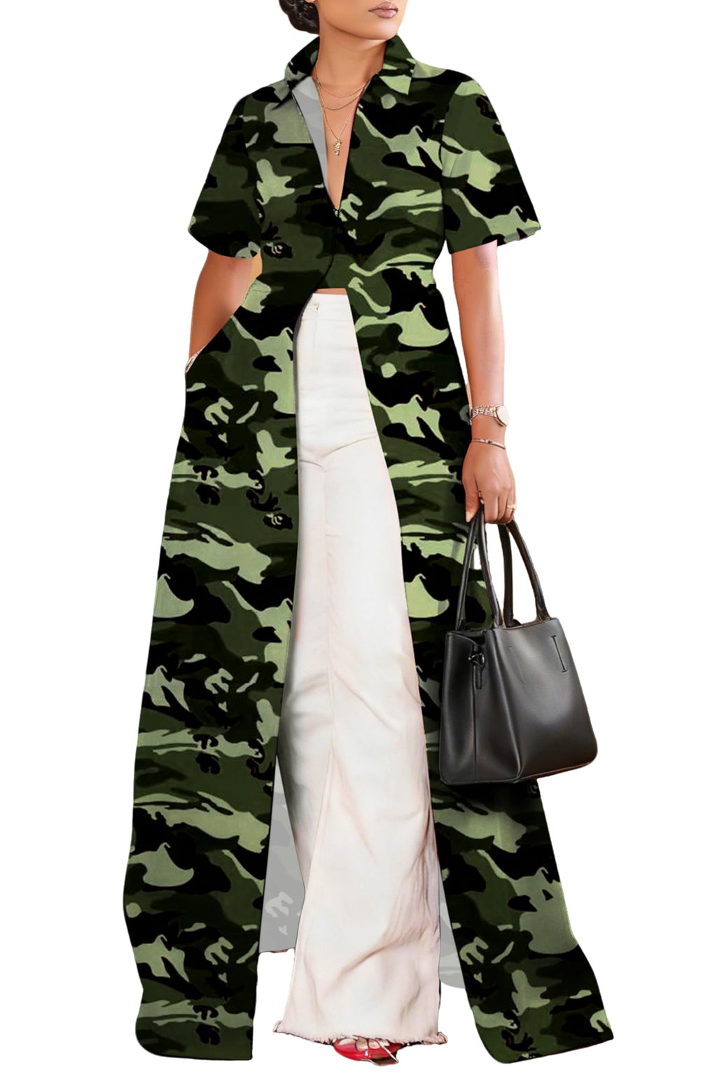 Summer Womens Top Maxi Long Short Sleeve V Neck Zip Up Casual Blouse Kimono Tee Shirt Dress with Pocket for Women