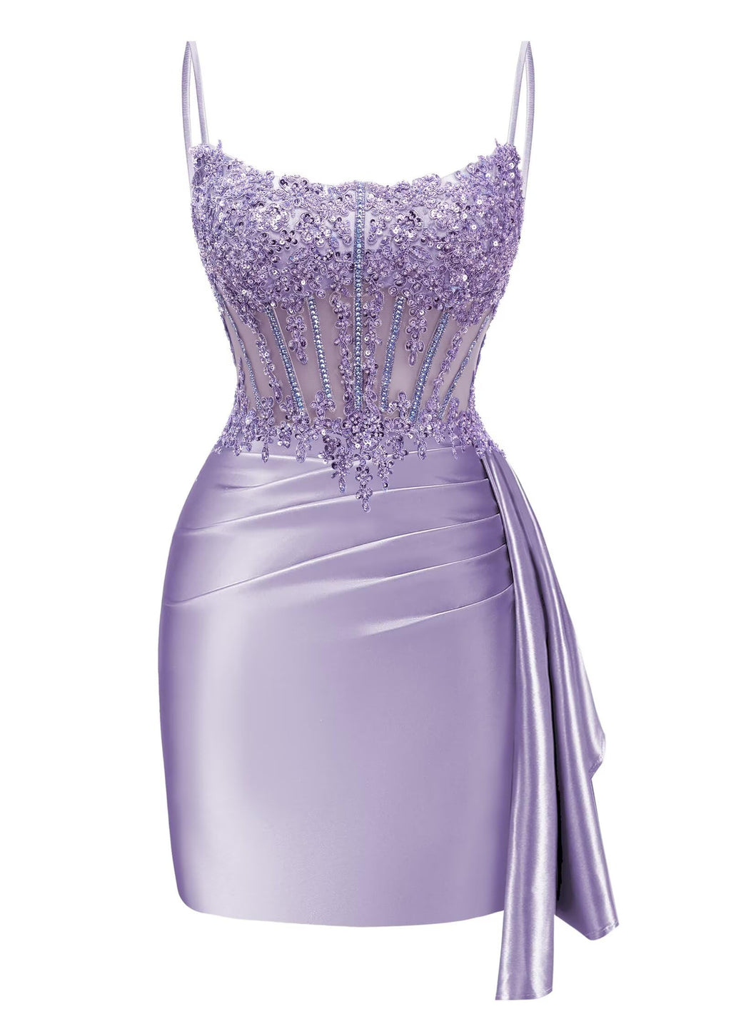 Satin Mermaid Homecoming Dresses 2026 Square Neck Beaded Short Prom Dress | Spaghetti Strap,Ruched,Tight,Bodycon,Sparkle,Sequin,Mini,Hoco Dresses,Club Dresses,Party Dresses