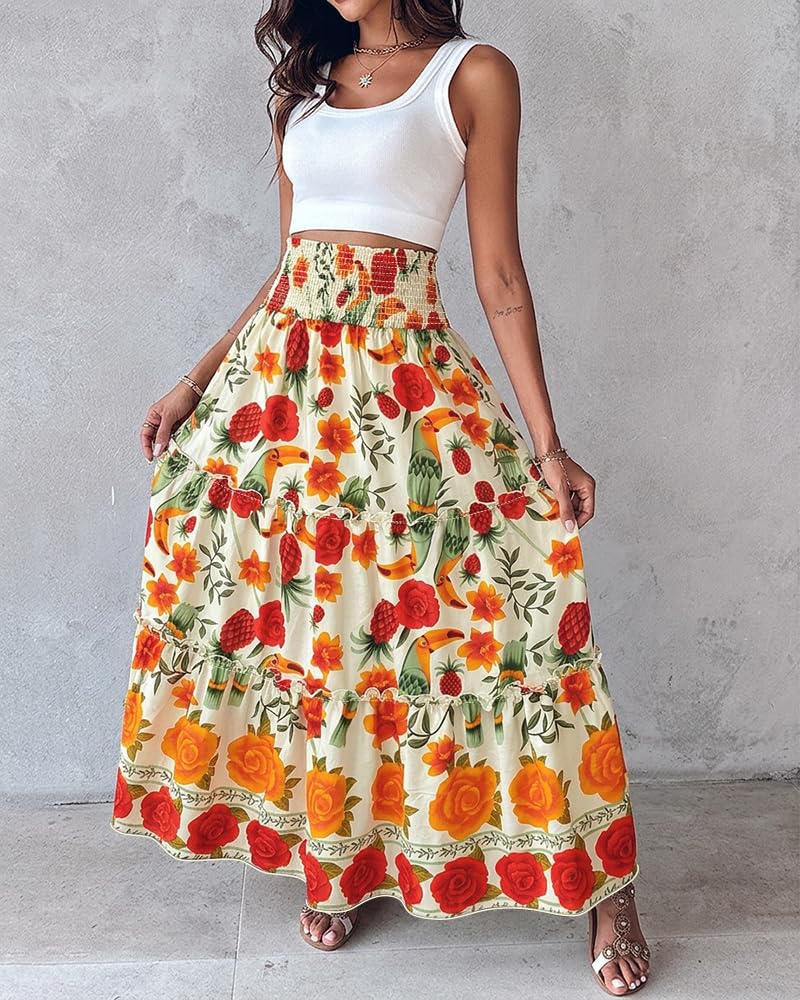 CHICME Women's Boho Floral Summer Maxi Skirt with Pockets Vacation Outfit | Shirred High Waist, Ruffle Hem, Lightweight Comfortable Fabric, A-Line Long Flowy Skirt for Beach, Travel & Daily Wear