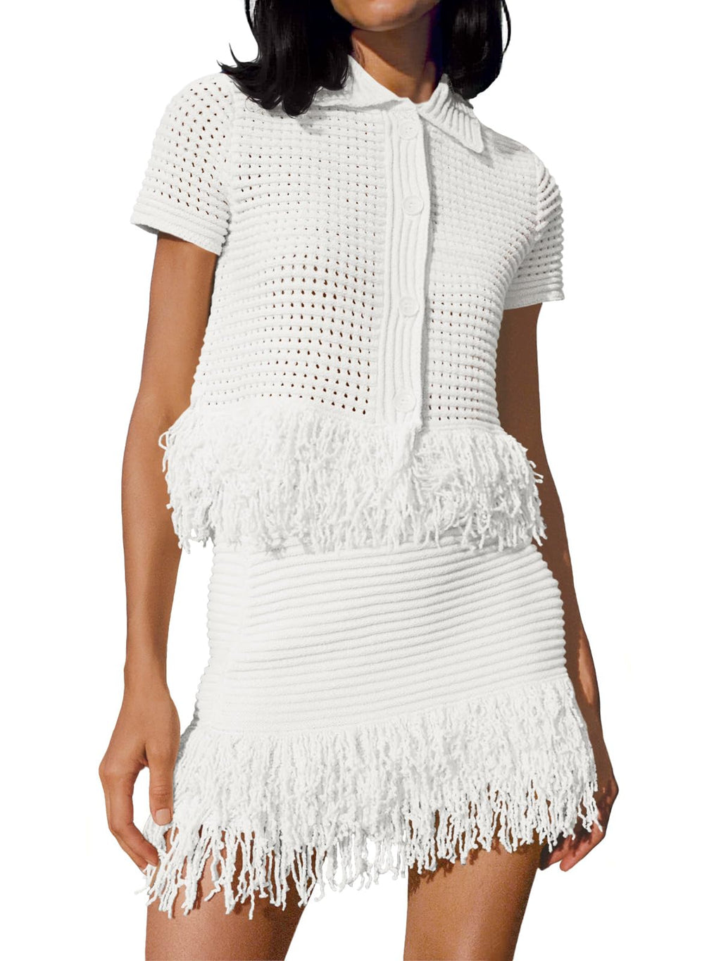 Fisoew Womens 2 Piece Outfits Crochet Short Sleeve Button Knit Sweater Tops and Fringe Skirt Vacation Sets