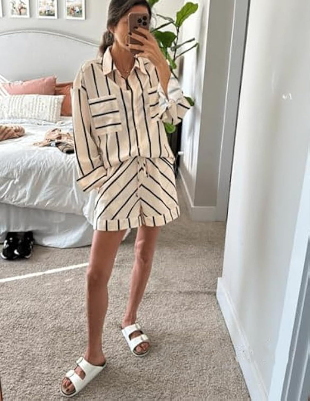 Women's Striped 2 Piece Outfits Casual Oversized Button Down Shirts and Short Lounge Pajamas Set