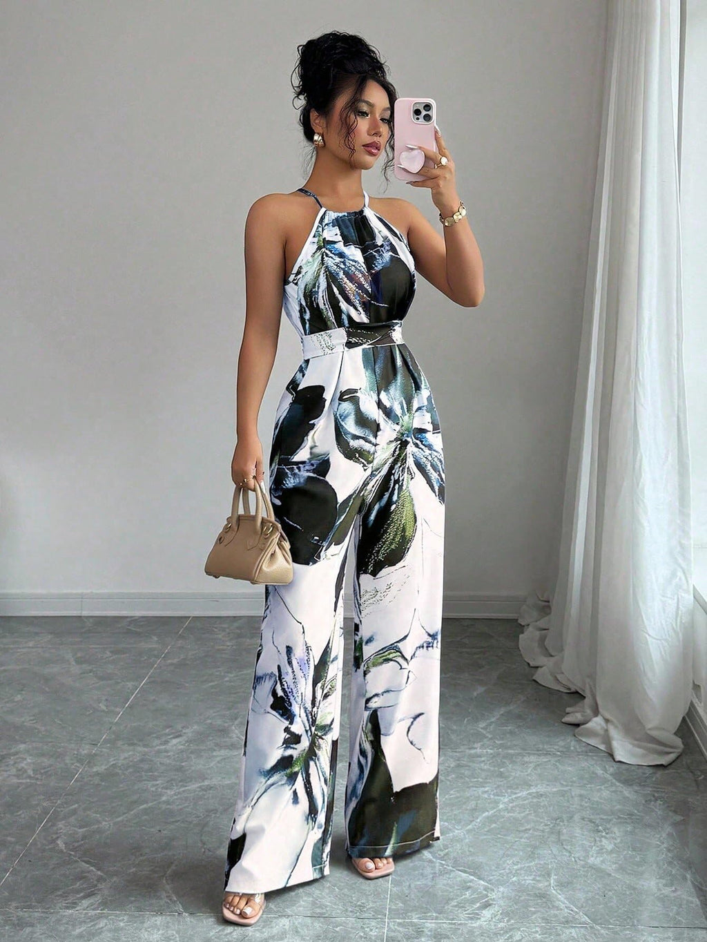 Lounge Print Jumpsuit For Women Sleeveless Halter Neck Wide Leg Pants One Piece Outfit Fashion Street Going Out Set