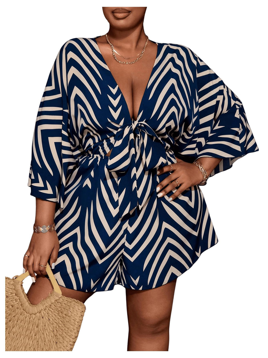 SOLY HUX Women's Plus Size Striped Tie Front Short Jumpsuit | V Neck, 3/4 Sleeve, Loose, Romper