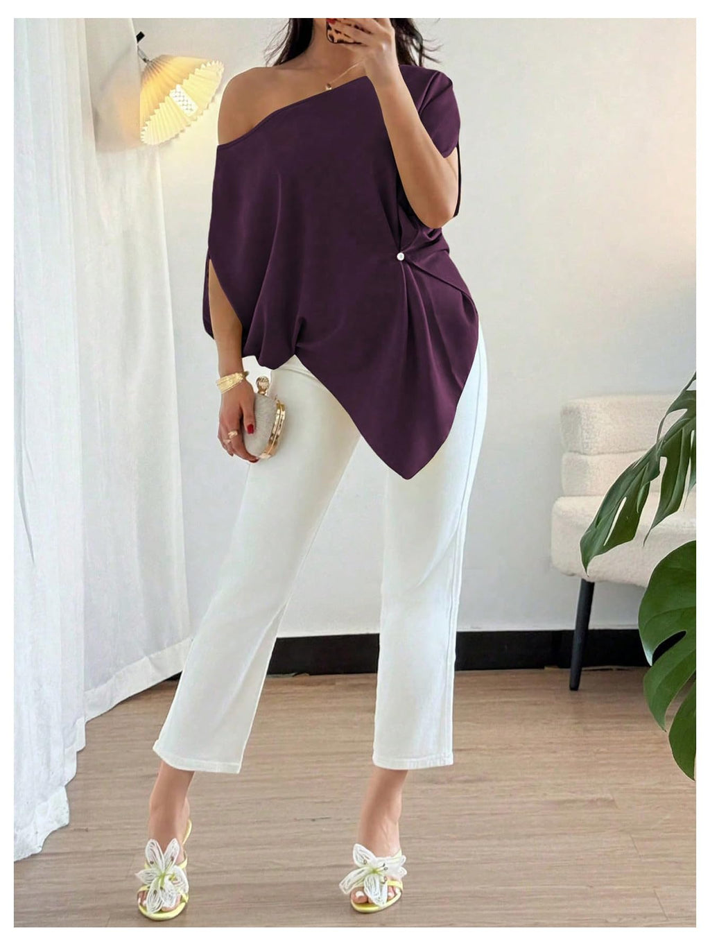 SHENHE Women's Off Shoulder Dolman Sleeve Blouses Asymmetrical Flowy Tops | Casual, Loose, Blouses With Waist Pleats, Asymmetrical, Elegant