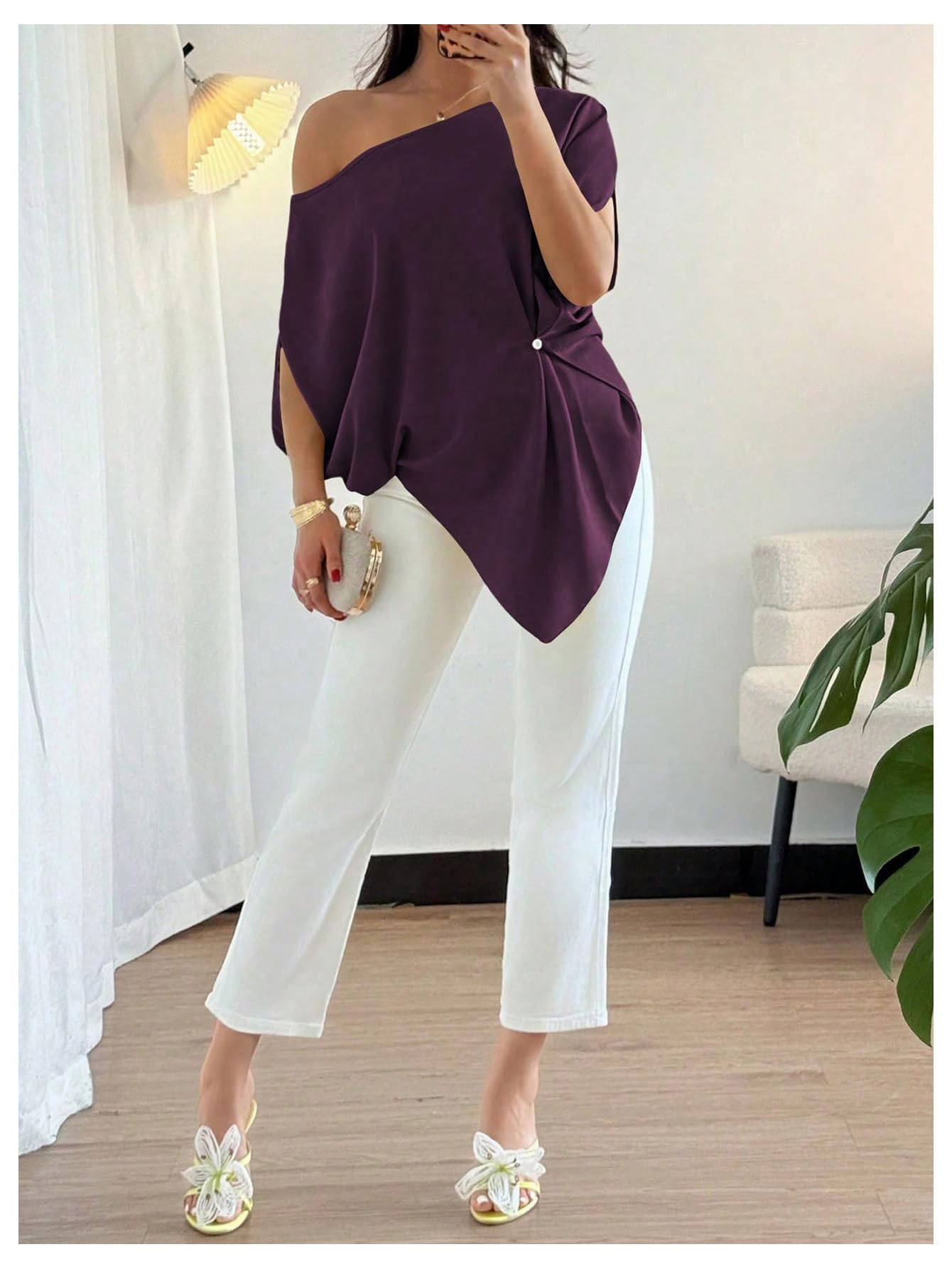 SHENHE Women's Off Shoulder Dolman Sleeve Blouses Asymmetrical Flowy Tops | Casual, Loose, Blouses With Waist Pleats, Asymmetrical, Elegant
