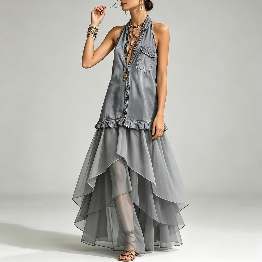 Women's Halter Denim Sleeveless Shirt Dress Mesh Patchwork Irregular High‑Low Maxi Dress Ruffled Tiered Vacation Dress