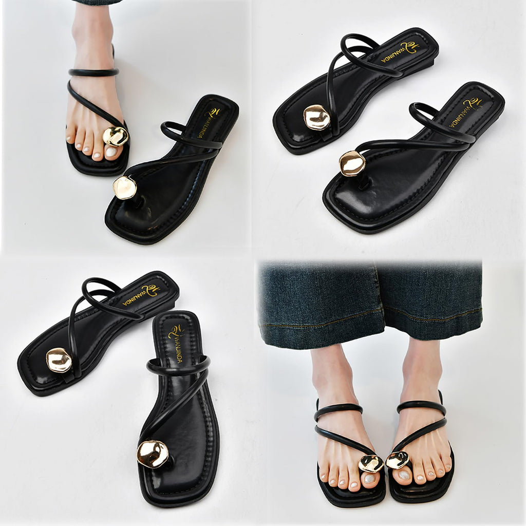 Women's leather strappy flat metal toe ring sandals fashionable square open toe low block heel slip-on Clip Toe Slide Sandals Casual Summer Beach slipper