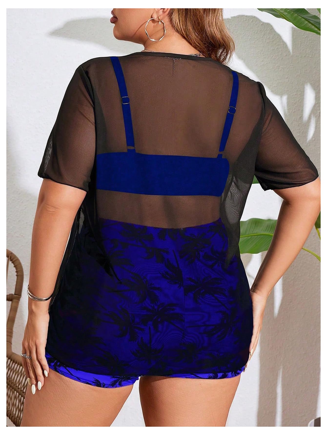 Women's 3 Piece Plus Size Swimsuit Tankini Shorts Set High Waisted Bathing Suit Graphic Beachwear with Mesh Cover Up