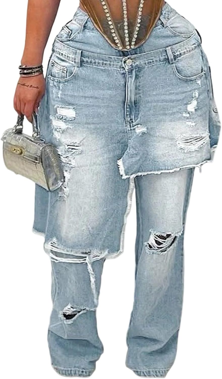 Womens Ripped Distressed Jeans Baggy Wide Leg Patchwork Denim Pants | Vintage Y2K Jeans Women, High Waisted Denim With Relaxed Fit, Trendy Casual Streetwear Fashion