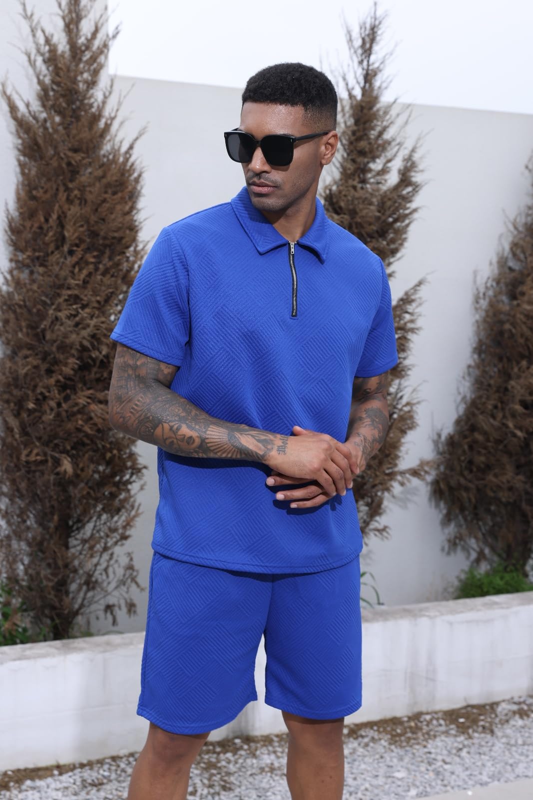 Aulemen Mens 2 Piece Zip Tracksuit Short Sleeve Set Summer Outfits for Men | Polo Shirt and Shorts Sets Activewear Short Set