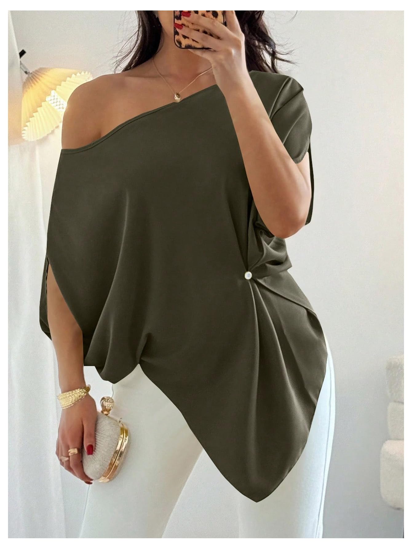 SHENHE Women's Off Shoulder Dolman Sleeve Blouses Asymmetrical Flowy Tops | Casual, Loose, Blouses With Waist Pleats, Asymmetrical, Elegant
