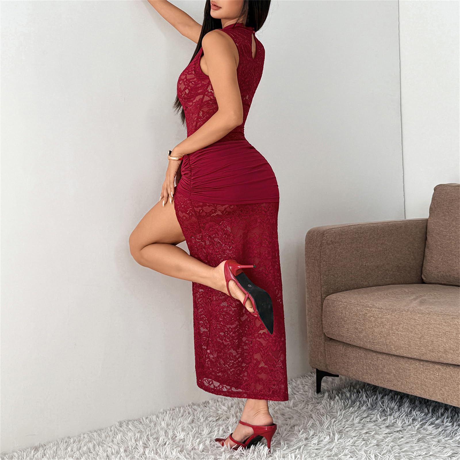 OCUH Black Lace Dress Sheer Maxi Dresses Sexy Outfit for Women Going Out High Slit Skirt Bodycon Vacation Party Wear