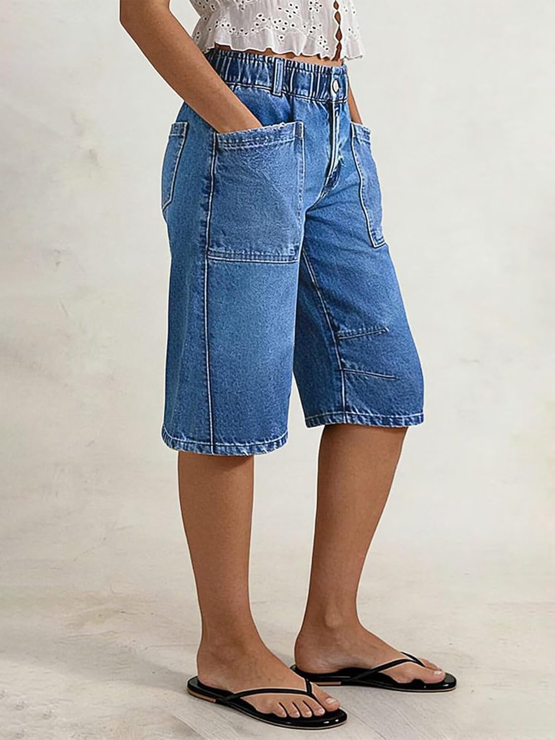 Flamingals Straight Leg High Rise Denim Bermuda Shorts | Elastic Trendy Jean Shorts with Patch Pockets, Bermuda Shorts for Women, High Waist, Denim Fabric