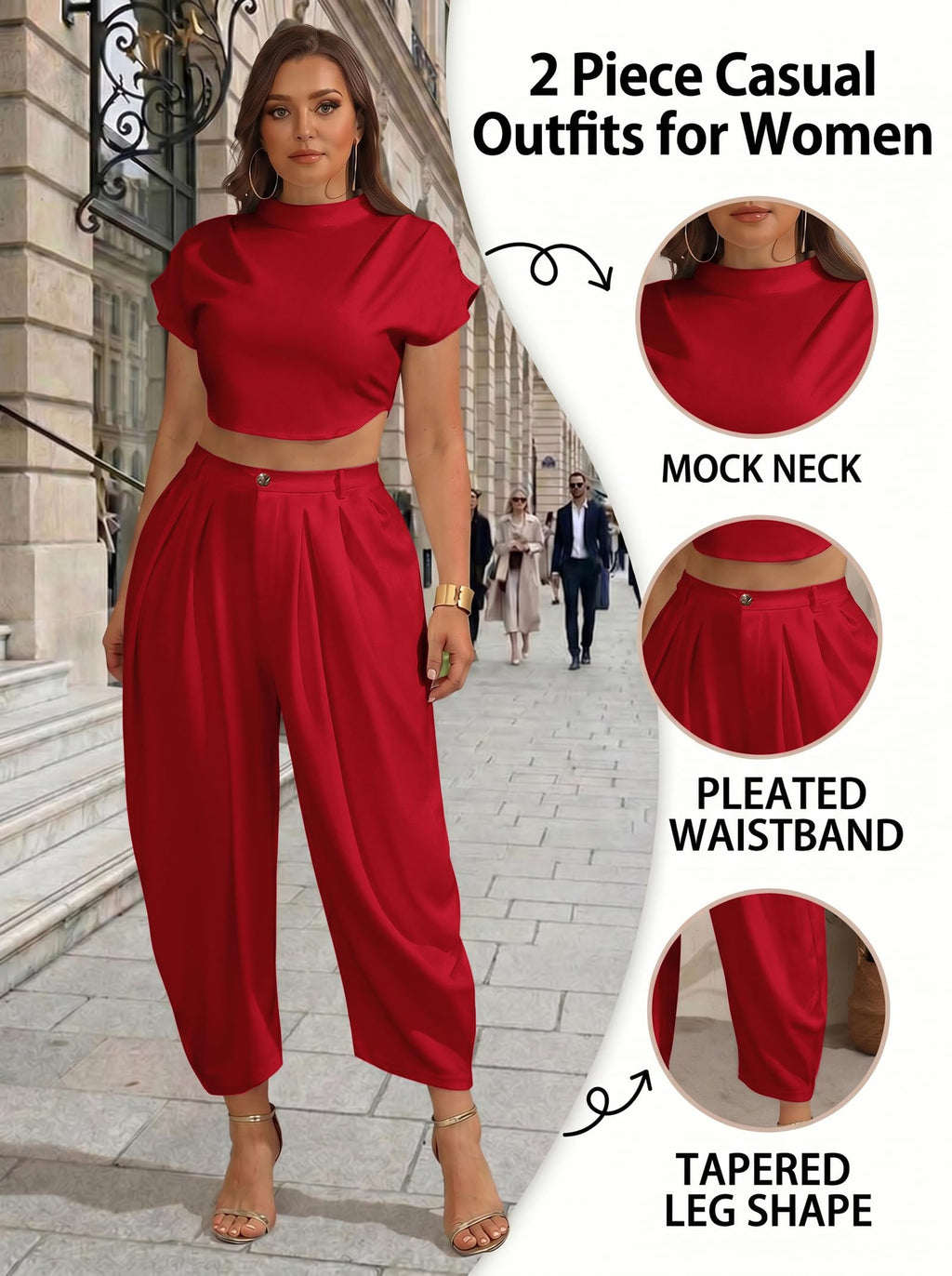 Ekaliy Womens Casual 2 Piece Outfits Cap Sleeve Crop Top Palazzo Pants Set | Mock Neck,Short Sleeve,Zipper-Back Crop Top,High-Waisted Pleated Pants,Wide Leg Dress Pants,2 Piece Sets For Women Dressy