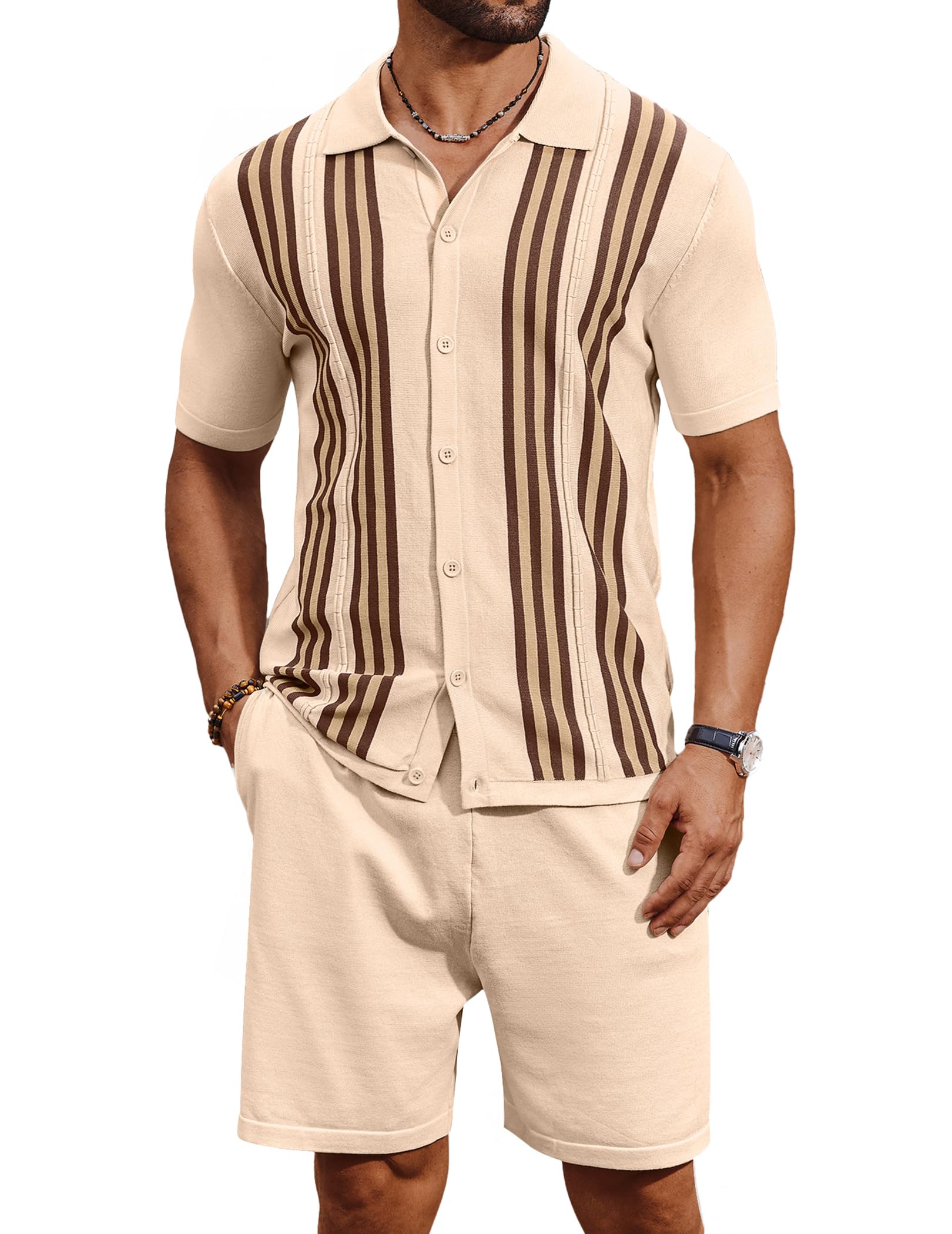 COOFANDY Men's 2 Piece Outfits Summer Short Sets Vintage Knit Button Down Shirt Short Sleeve Polo Casual Beach Suits
