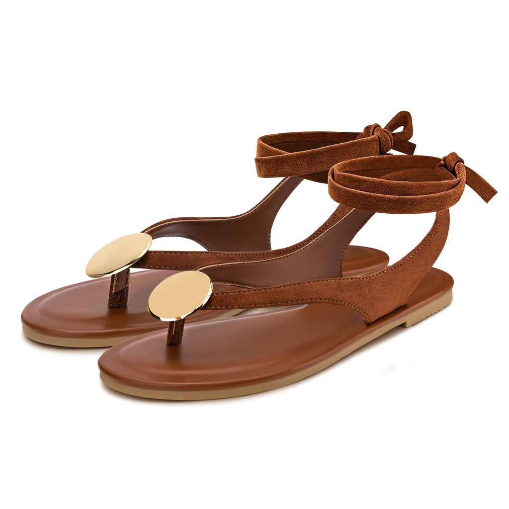 Carcuume Women's Suede Flat Sandals with Metallic Accents Adjustable Strappy Flip Flops for Beach Vacation Casual Outings Cushioned Dressy Slides,MOLAZY-00