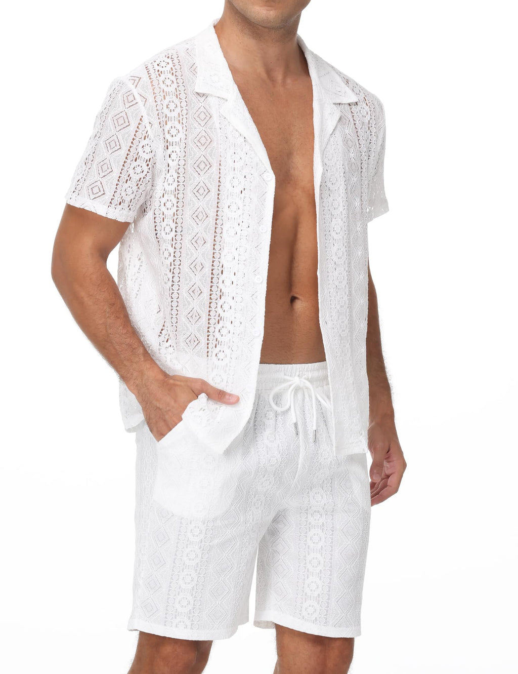 Men 2 Piece Shorts Set Sexy Lace Mesh Sheer Short Sleeve Summer Rave Outfit