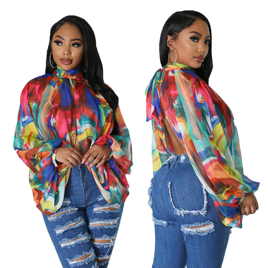 acelyn Women's Sexy See Through Chiffon Sheer Blouses Tops | Lantern Sleeve, Front Back Open, High Neck, Self Tie, Shawl Casual Shirts,Blouses Tops