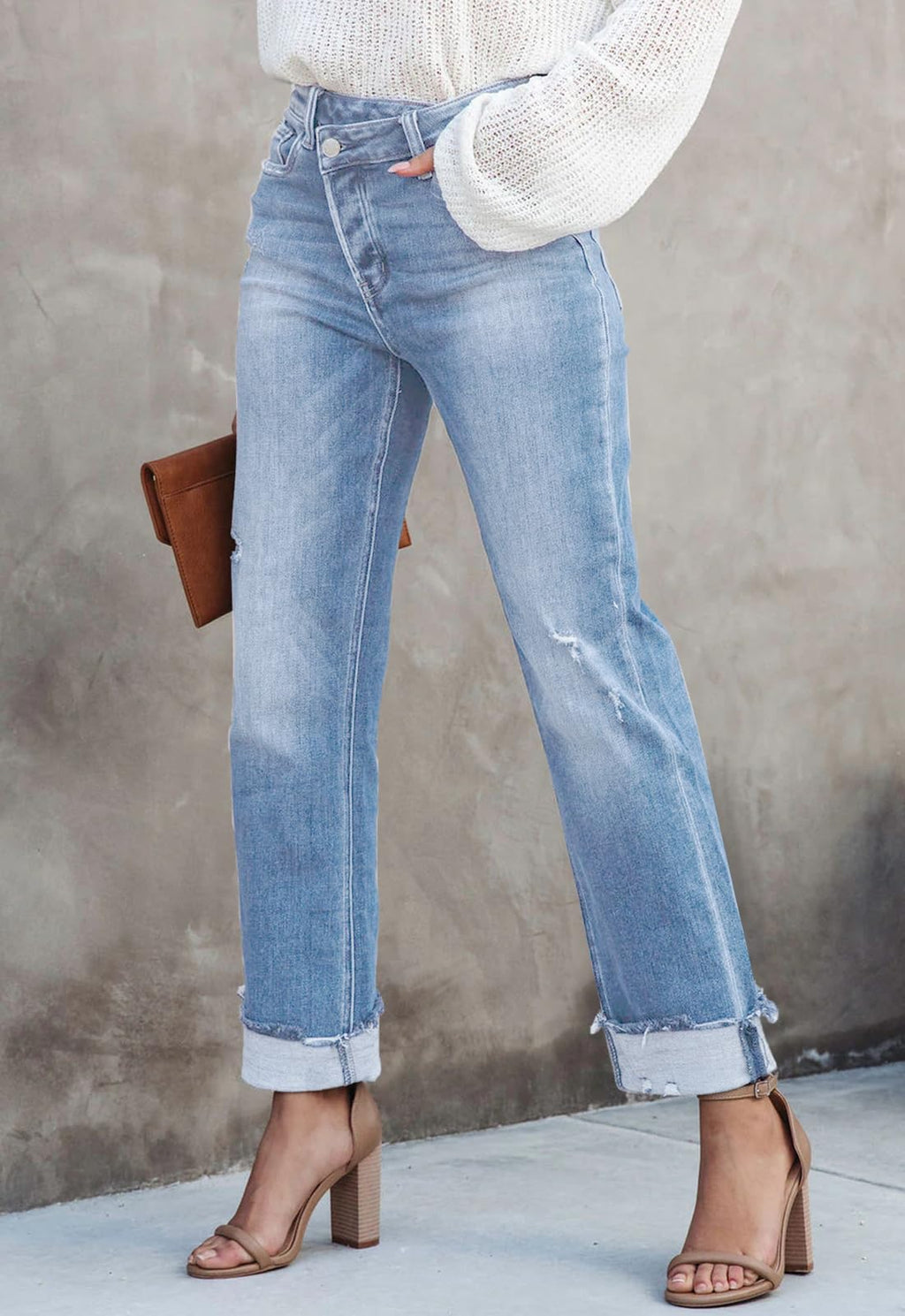 Metietila Jeans for Women Trendy High Waisted Corssover Boyfriend Jeans Distressed Stretchy Denim Pants