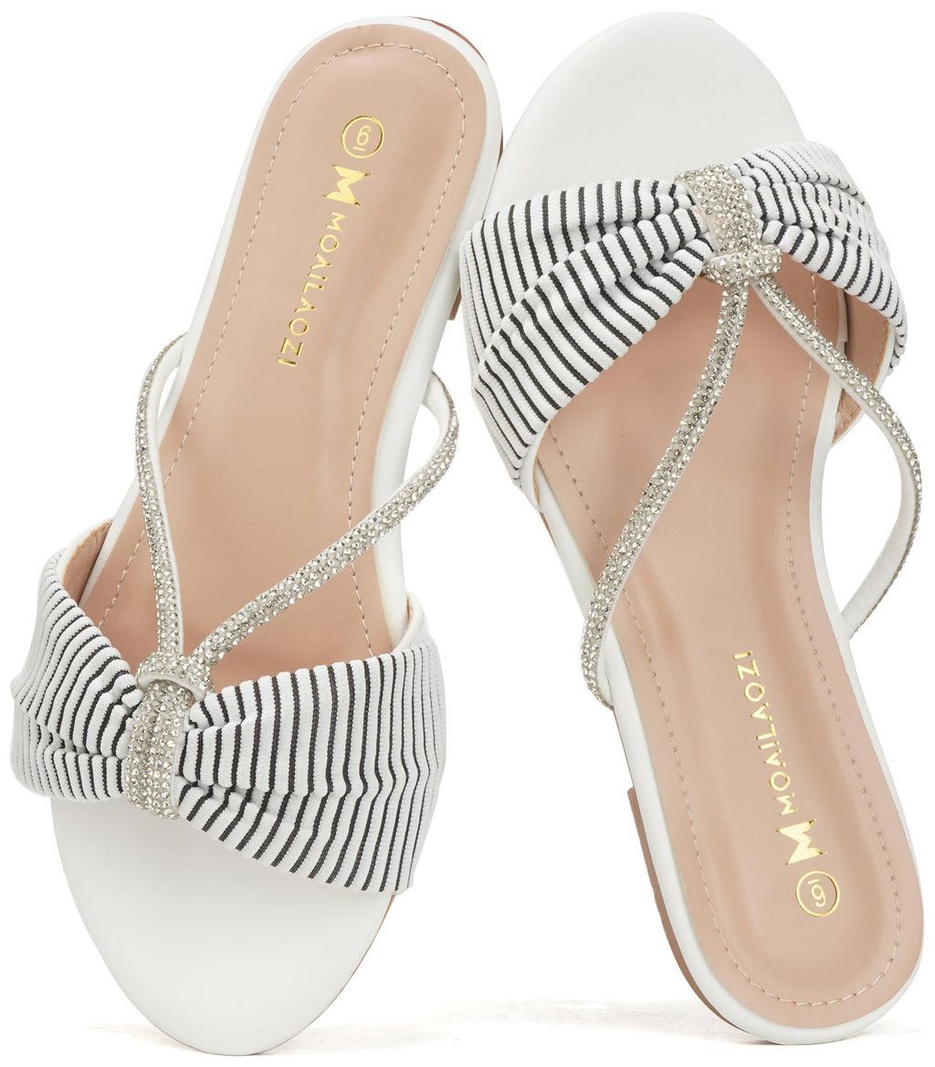 Women's Sandals Rhinestone Strappy Slides With Soft Memory Foam Insole, Dressy Open Toe Beach Slippers Flats for Summer