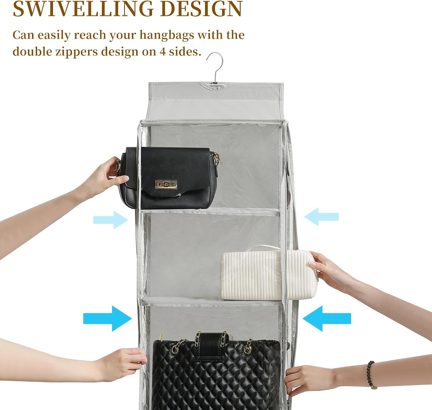 8 Grids in 1 Rotatable Hanging Purse Handbag Organizer with Double Zippers, Visible Purse Organizer for Closet, Fully Enclosed Handbag Storage Holder