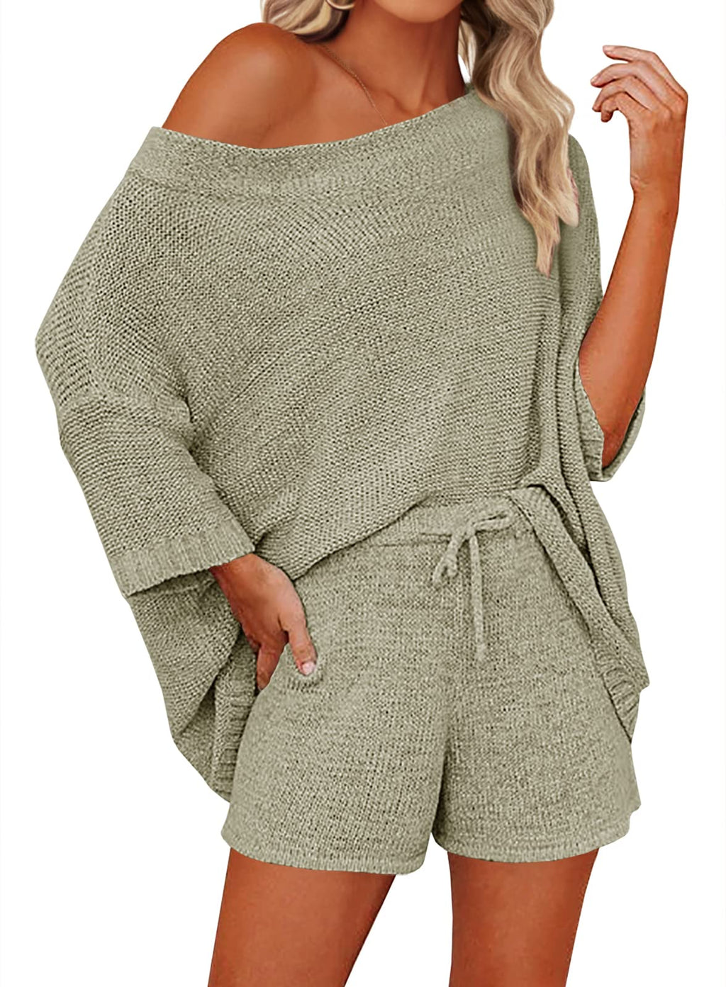 Mafulus Women's 2 Piece Outfits Sweater Sets Off Shoulder Knit Top Shorts Matching Suits Cute Pajama Lounge Set