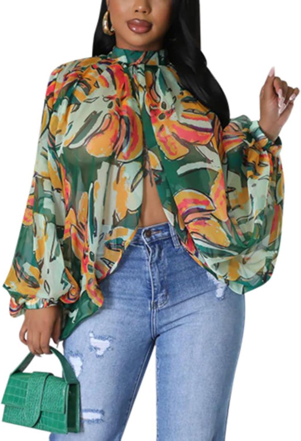 Sexy Tops for Women Party Club Night Batwing Sleeve Chiffon Blouse | Floral Print Blouse Shirts,Puff Sleeve,Going out Tops,Front Open Style,Lantern Sleeve Boho Chiffon Fall Tops 2026