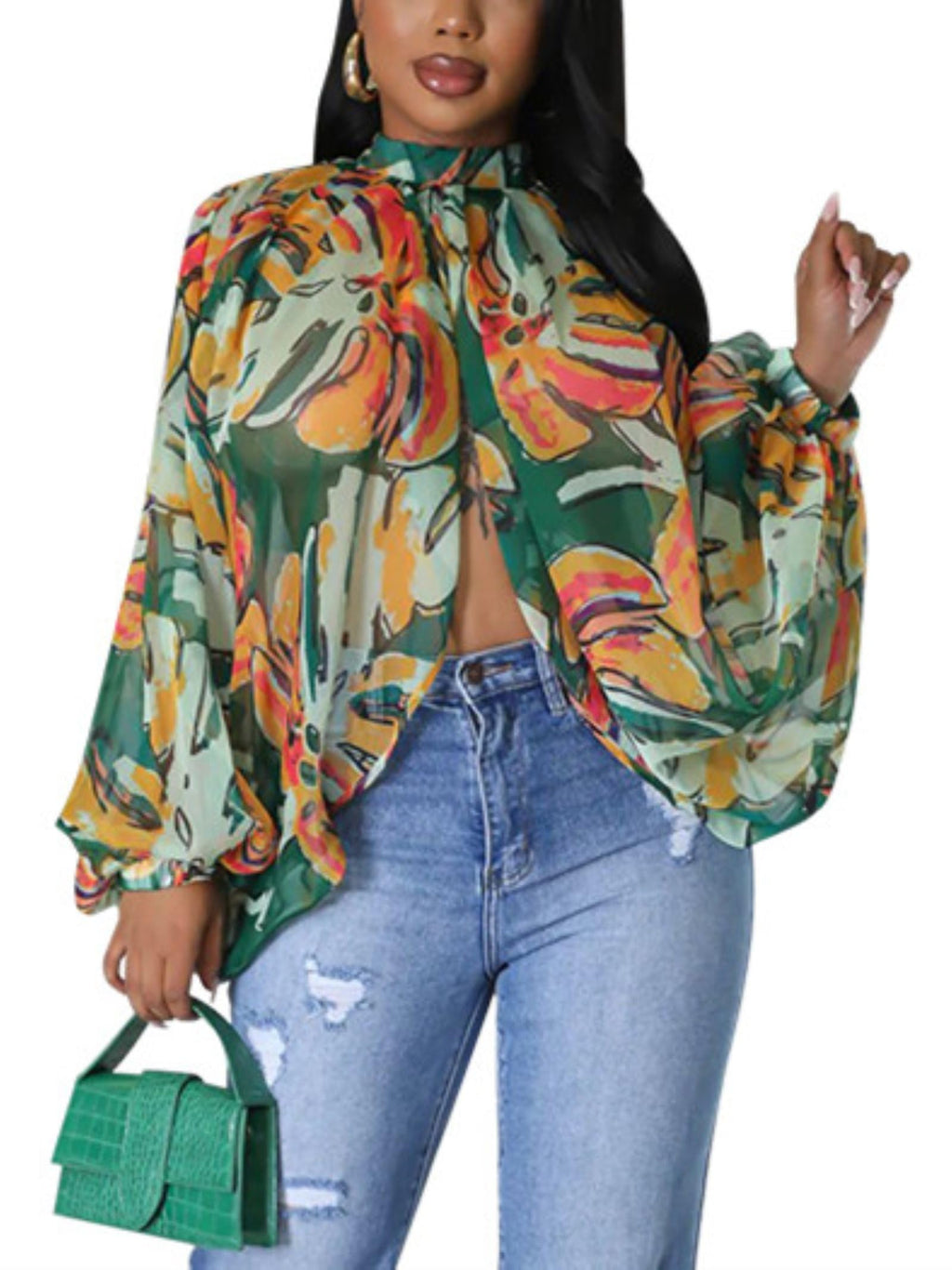 Sexy Tops for Women Party Club Night Batwing Sleeve Chiffon Blouse | Floral Print Blouse Shirts,Puff Sleeve,Going out Tops,Front Open Style,Lantern Sleeve Boho Chiffon Fall Tops 2026